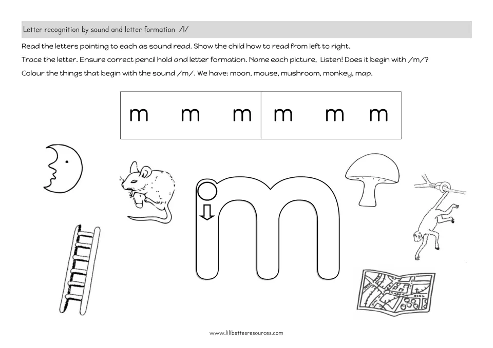 Beginning sound /m/: students trace a large m, read m left to right and colour moon, mouse, mushroom, monkey and map