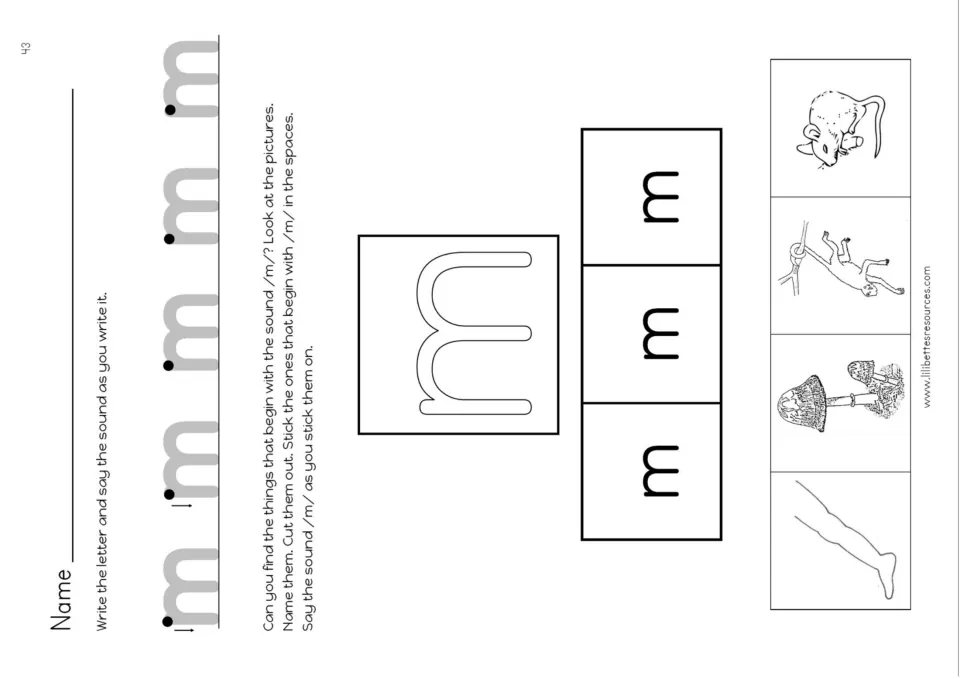 Letter m handwriting and /m/ picture sort: students write m on the line, then cut out and stick mouse, monkey and mushroom