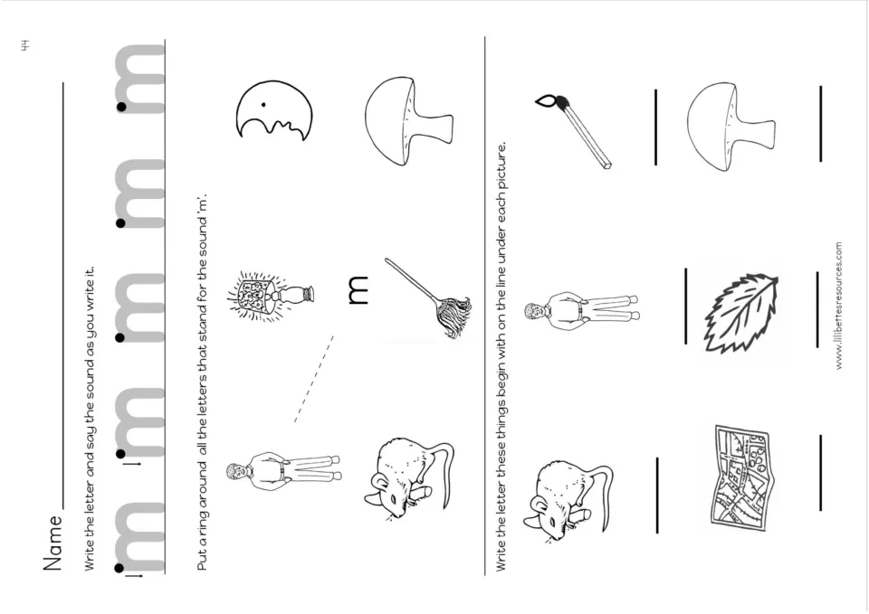 Letter m review: students write m, ring pictures starting with /m/, write the first letter under mouse, map and mushroom