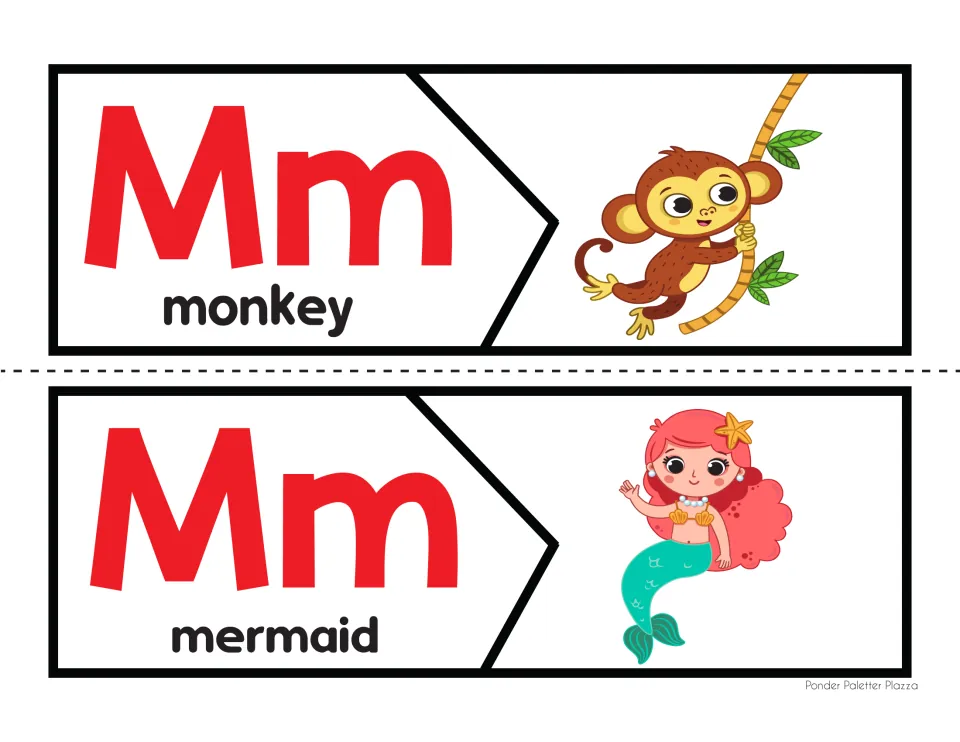 Letter M beginning sound puzzles: students match Mm word halves for monkey and mermaid to their pictures