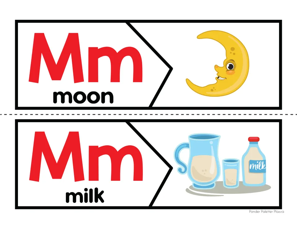M sound puzzle pieces: students join each Mm moon and milk word half to its picture and say the beginning /m/ sound