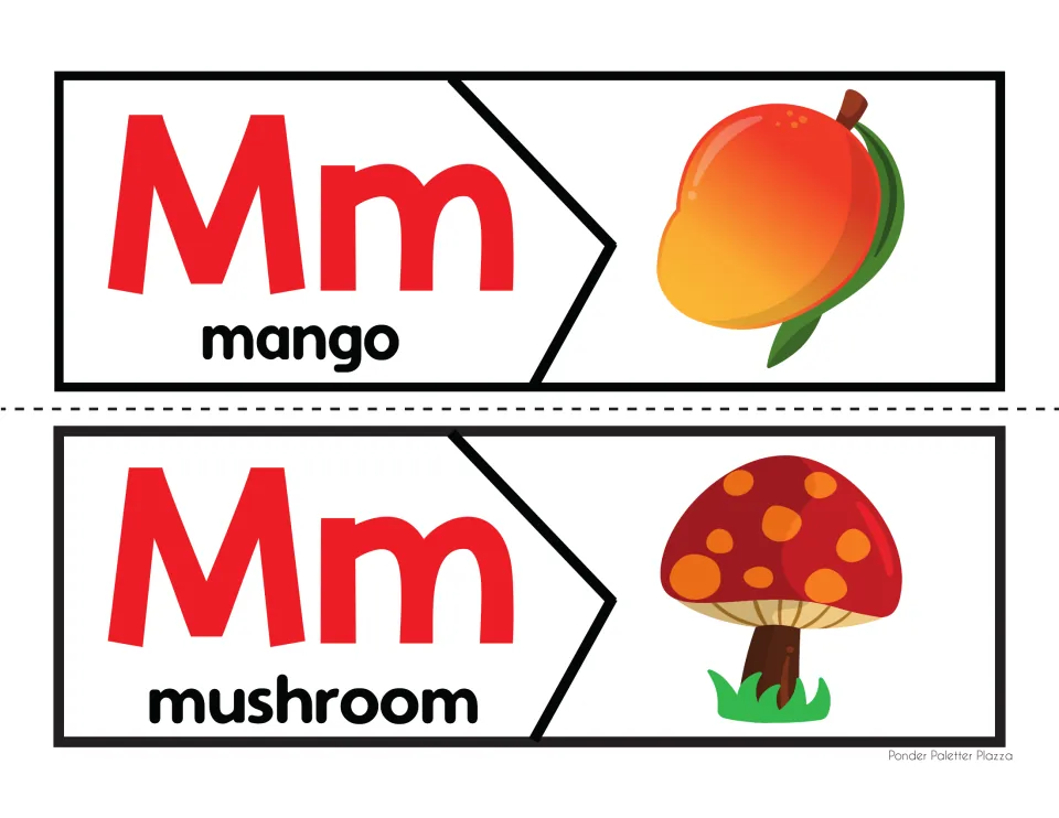 Beginning /m/ sound matching: students fit the Mm mango and mushroom pieces to their pictures to practise letter sounds