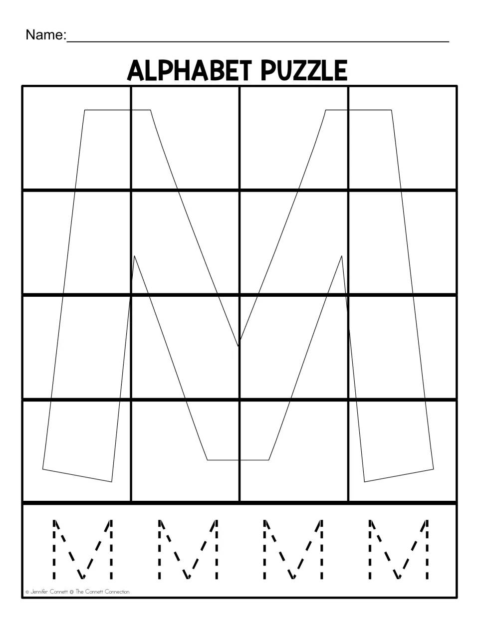 Uppercase M puzzle mat for assembling 16 cut-out pieces, with four dotted capital M letters to trace