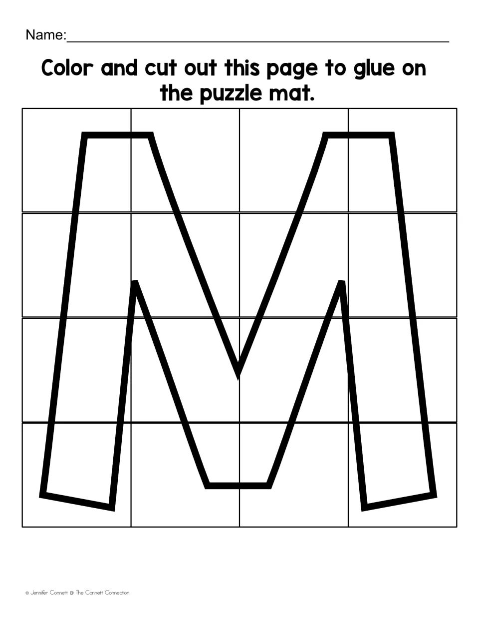 Uppercase M color-and-cut sheet containing 16 puzzle pieces to assemble and glue onto the matching mat
