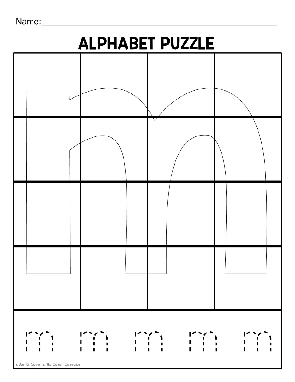 Lowercase m puzzle mat for assembling 16 cut-out pieces, with five dotted lowercase m letters to trace