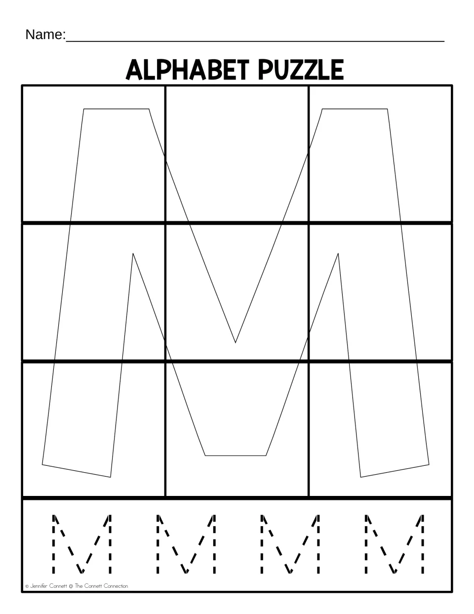 Uppercase M puzzle mat for assembling nine cut-out pieces, with four dotted capital M letters to trace