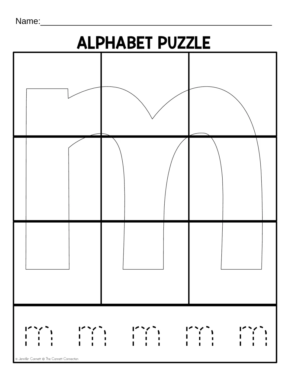 Lowercase m puzzle mat for assembling nine cut-out pieces, with five dotted lowercase m letters to trace
