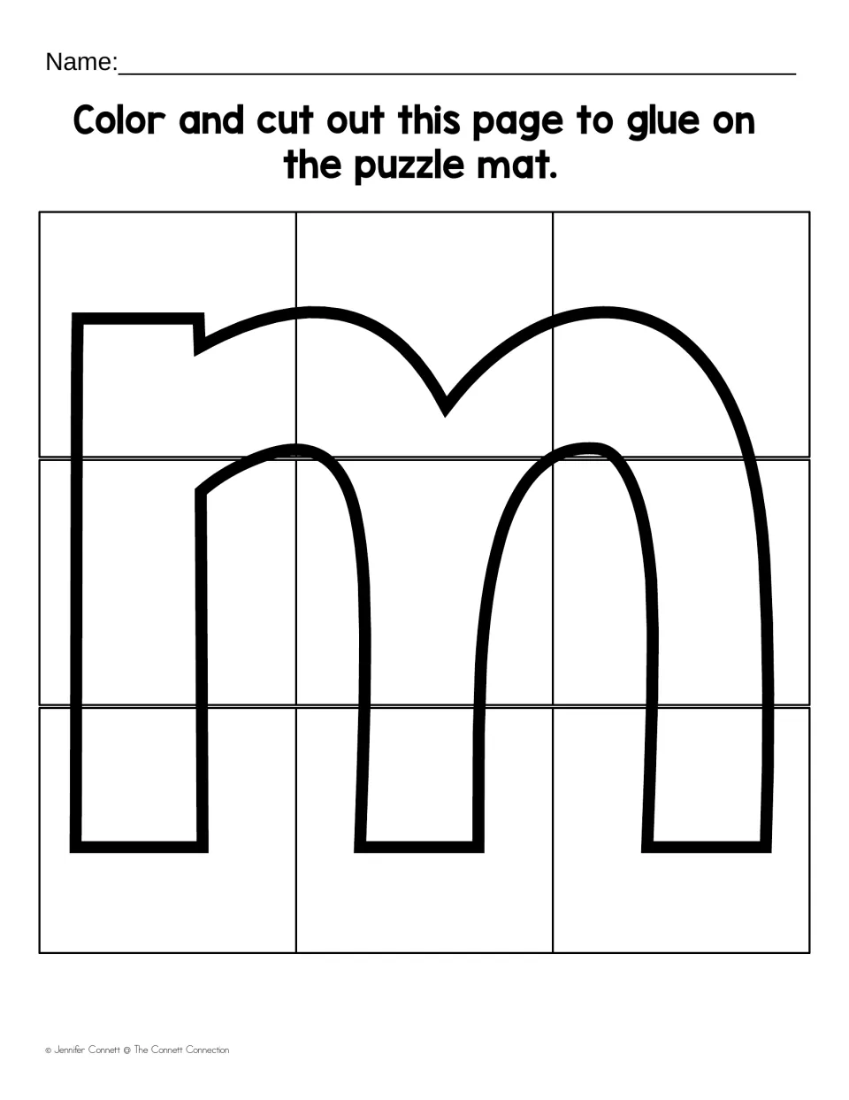 Lowercase m color-and-cut sheet containing nine puzzle pieces to assemble and glue onto the matching mat