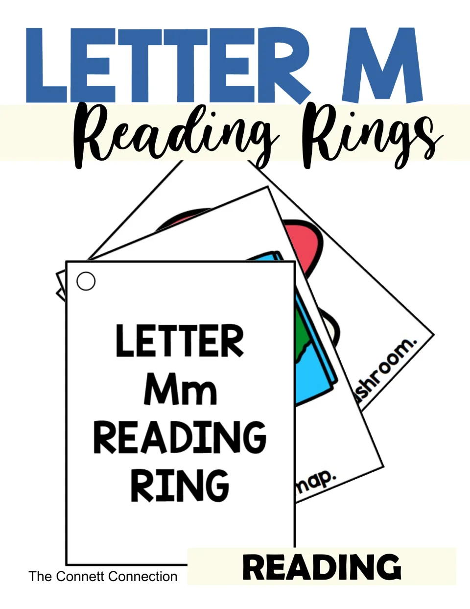 Letter M Reading Rings cover: fanned picture cards with a Letter Mm title card and M is for map and mushroom cards