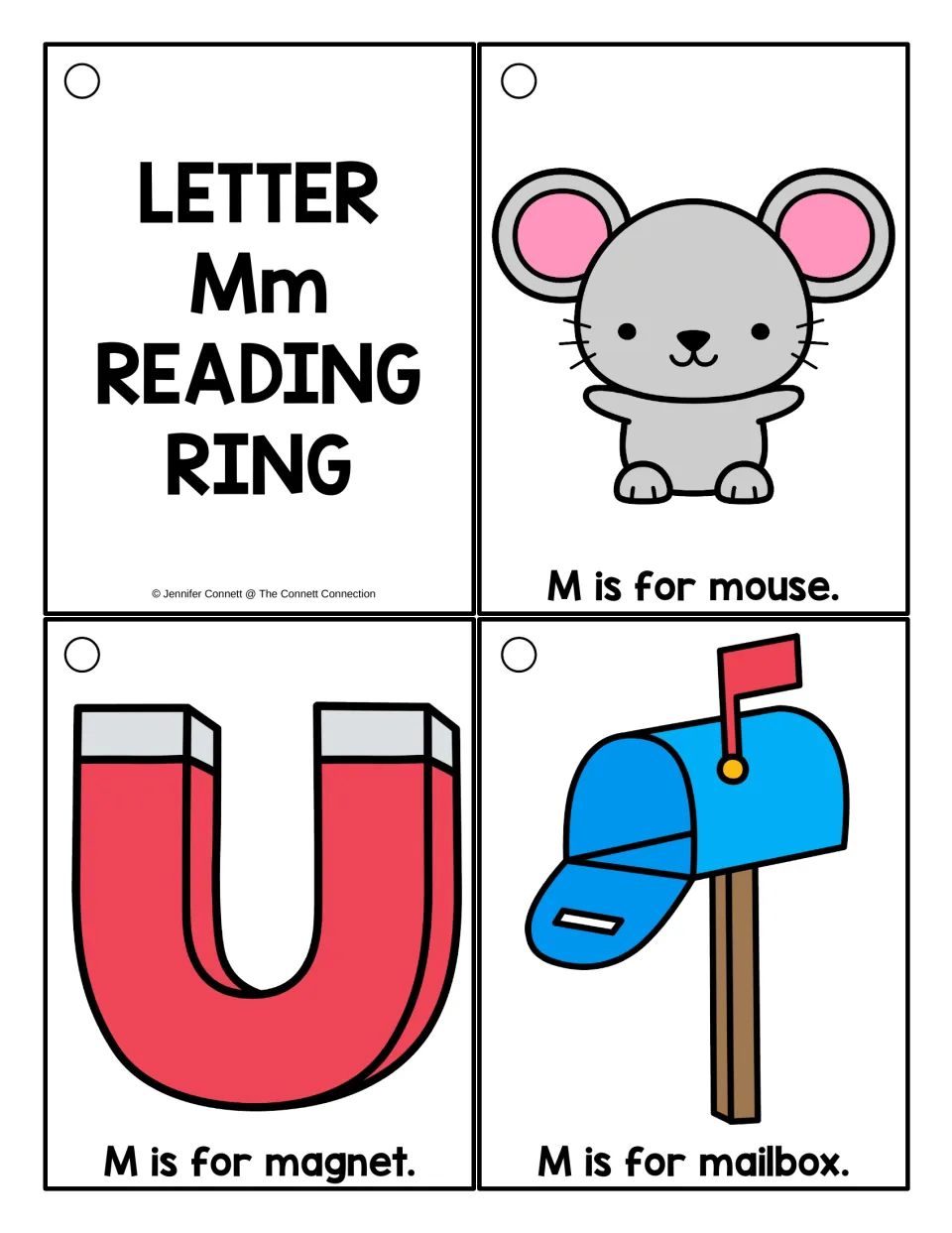 Letter M sound cards in color: Mm title card plus M is for mouse, magnet and mailbox, each with a picture to read