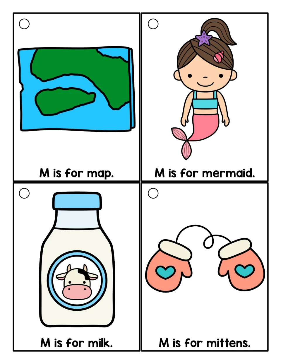 Letter M picture cards in color: students read M is for map, mermaid, milk and mittens, matching each word to its picture