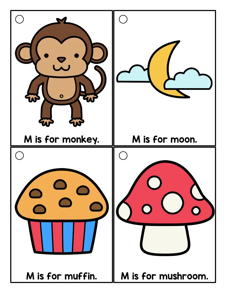 Letter M picture cards in color: students read M is for monkey, moon, muffin and mushroom to practise the /m/ sound