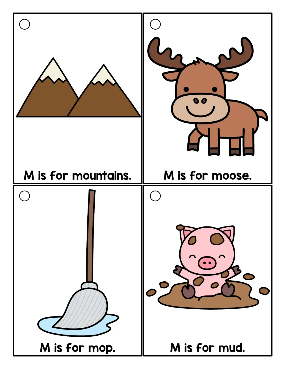 Letter M picture cards in color: students read M is for mountains, moose, mop and mud, with a pig sitting in the mud