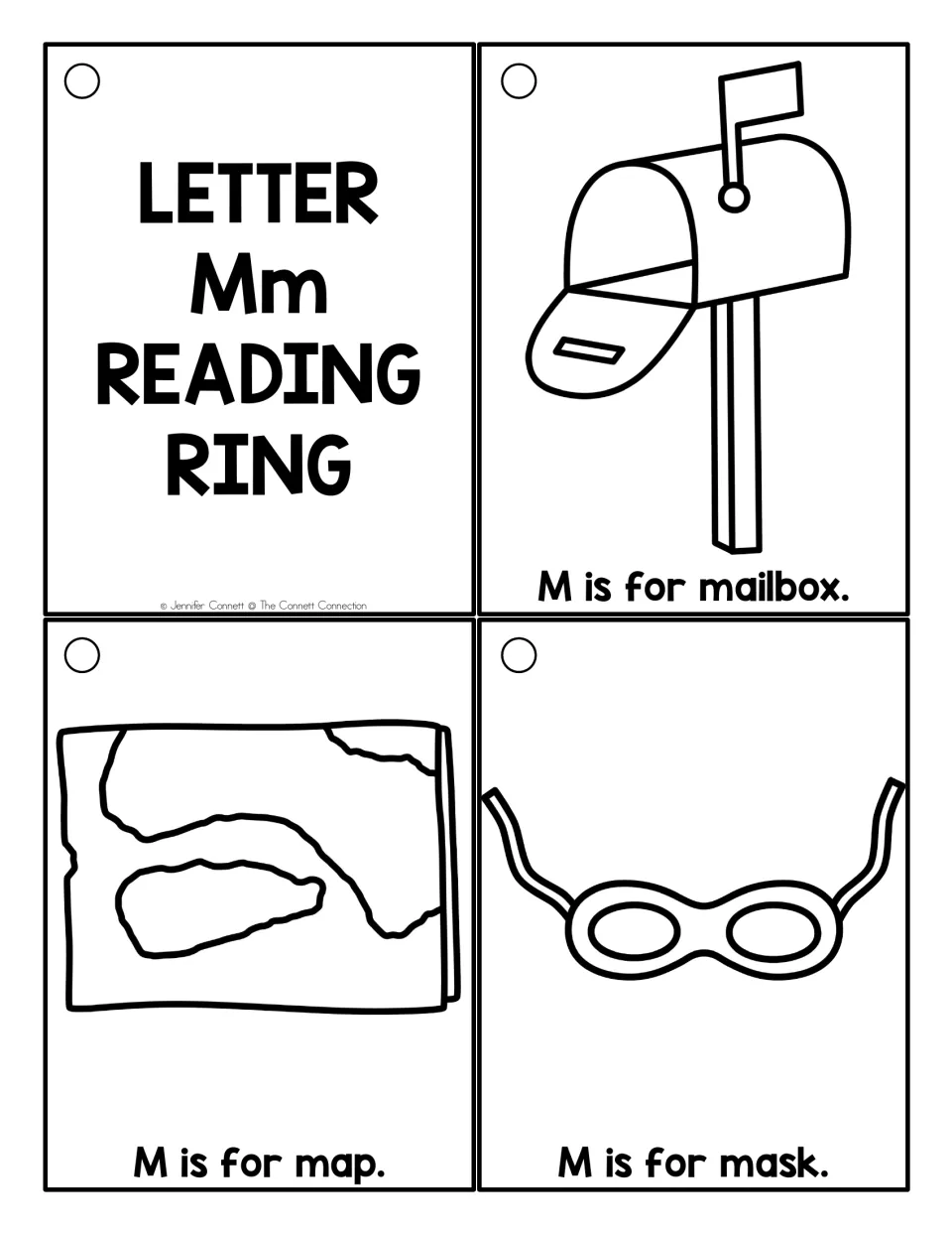 Black-line letter M cards: Mm title card plus M is for mailbox, map and mask outlines for students to color and read