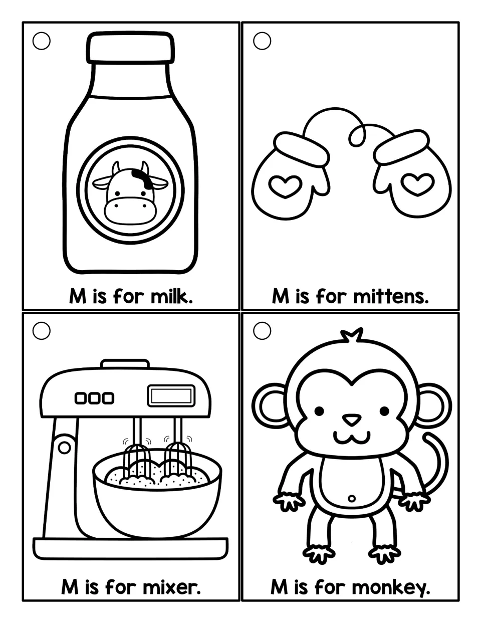 Letter M coloring cards: students color and read M is for milk, mittens, mixer and monkey for initial /m/ sound practice