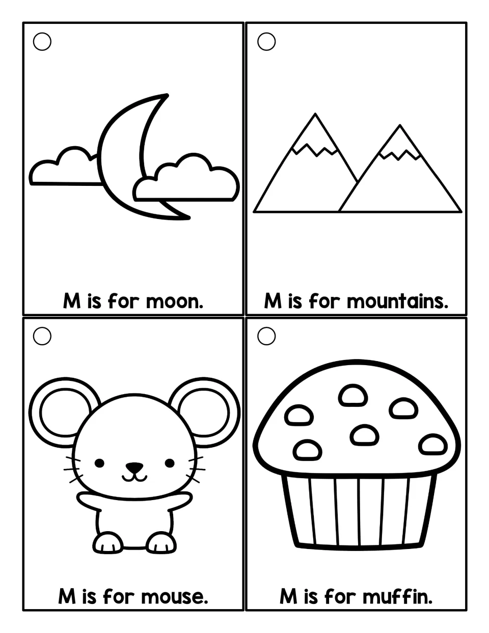 Letter M coloring cards: students color and read M is for moon, mountains, mouse and muffin from outline drawings