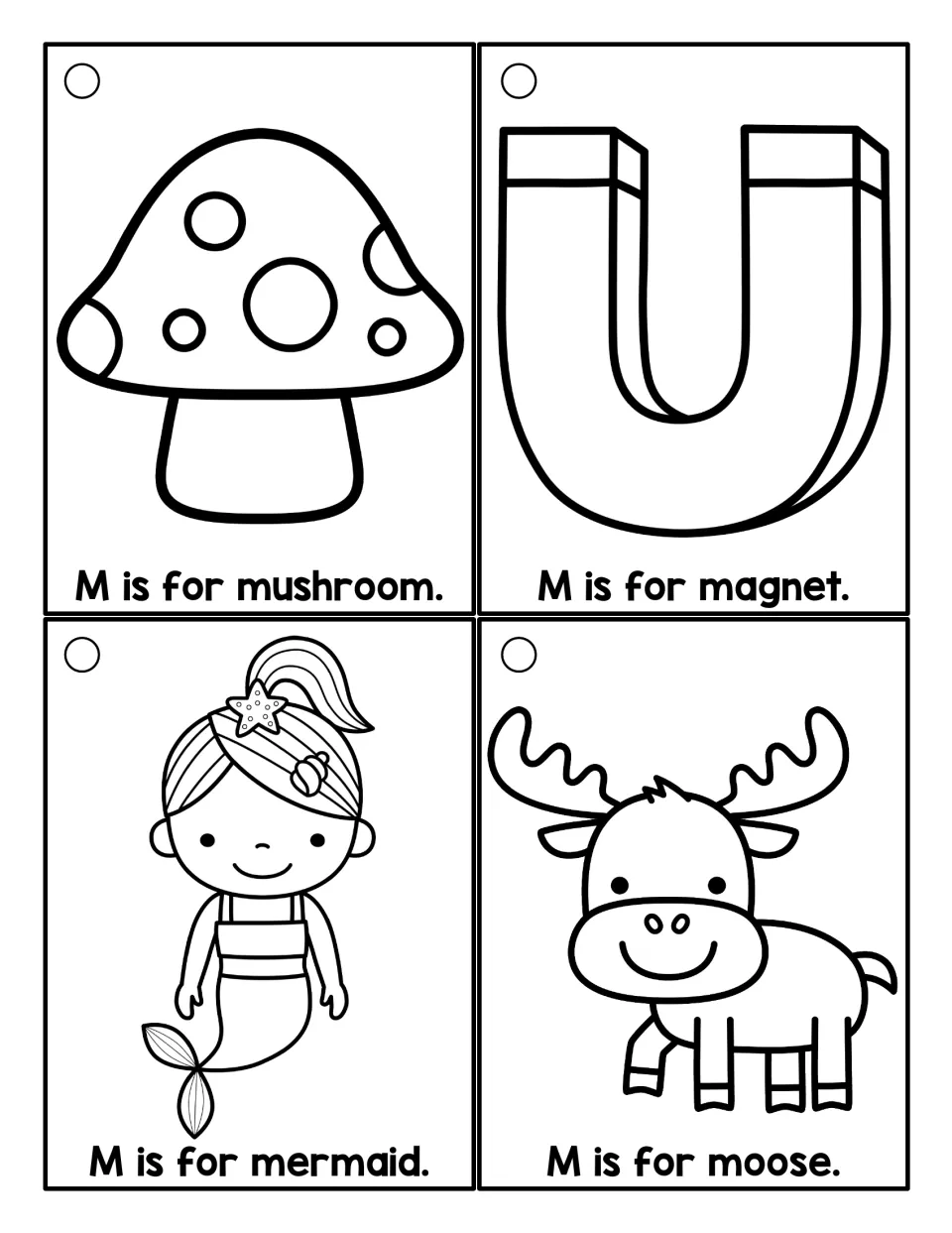 Letter M coloring cards: students color and read M is for mushroom, magnet, mermaid and moose to finish the outline set