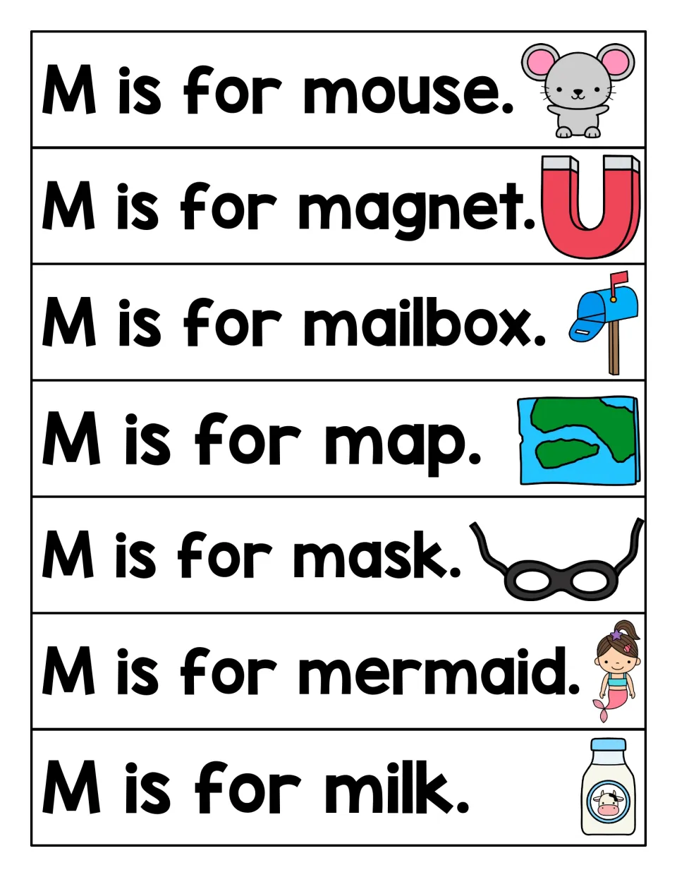 Letter M sentences: children read M is for mouse, magnet, mailbox, map, mask, mermaid and milk with picture clues