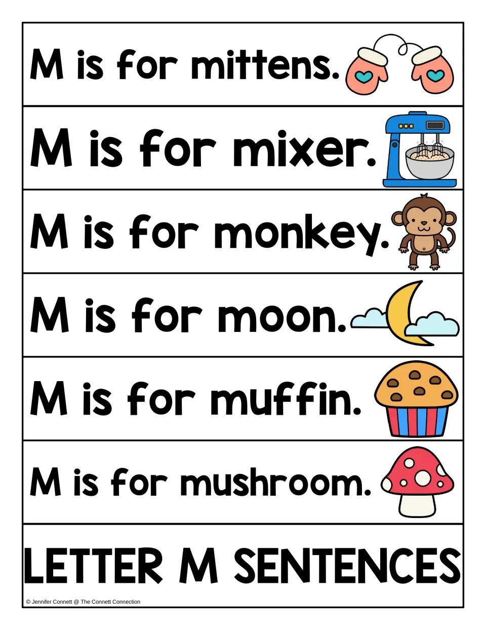 More M sentences: children read M is for mittens, mixer, monkey, moon, muffin and mushroom, plus a title strip