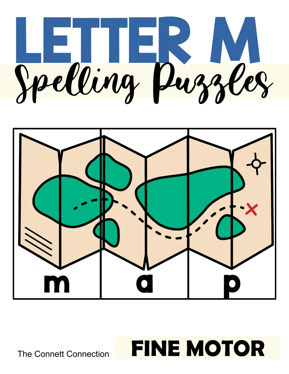 Letter M Spelling Puzzles cover: a map picture cut into strips lettered m, a, p, marked as a fine motor activity