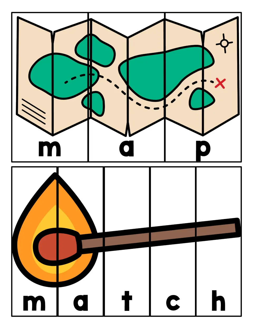 M words map and match: students cut apart picture strips with one letter each and put them in order to spell the word