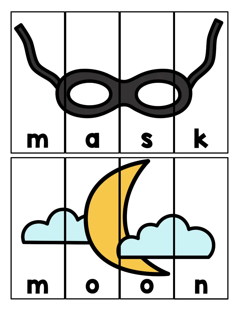 M words mask and moon: four-piece picture puzzles where students order the letter strips to spell each word