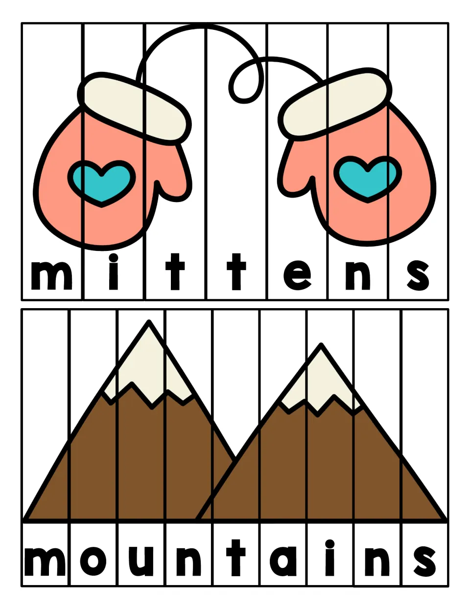 Longer M words mittens and mountains: 7- and 9-piece strip puzzles; students sequence letters to rebuild each picture