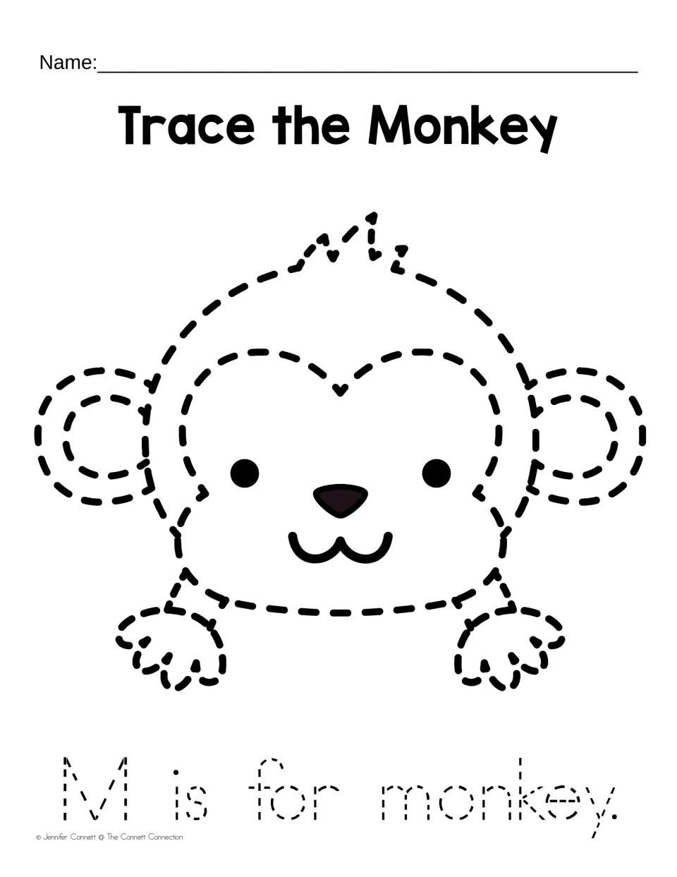 Trace the Monkey: students trace a dotted monkey face and paws, then trace the sentence "M is for monkey" for letter M