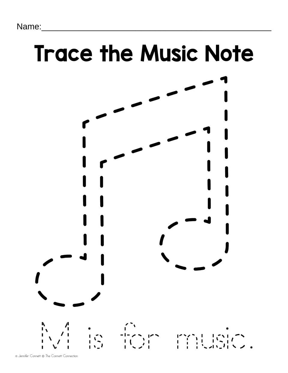 Trace the Music Note: students trace a dotted pair of eighth notes, then trace "M is for music" to practise writing M