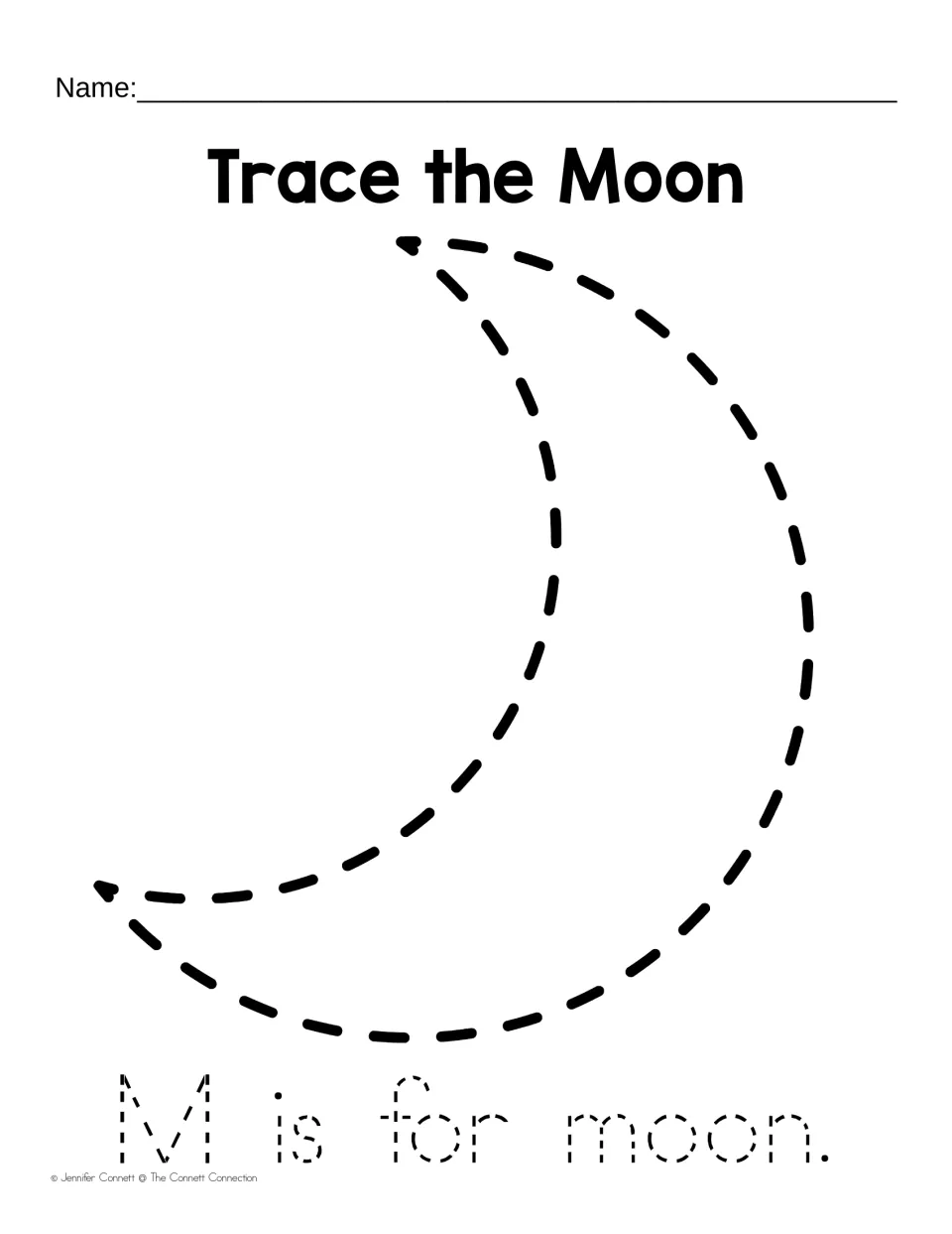 Trace the Moon: students trace a large dotted crescent moon, then trace the sentence "M is for moon" in dashed letters