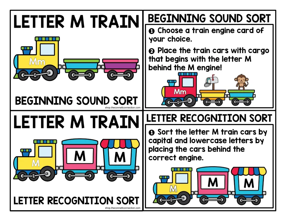 Letter M train center cards: directions for a beginning sound sort and a sort of capital and lowercase M train cards