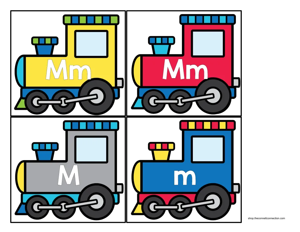 Train engine cards for letter recognition: two engines labeled Mm, one labeled capital M and one labeled lowercase m