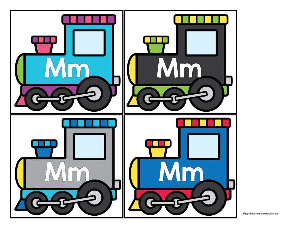 Four more train engine cards in light blue, black, gray and blue, each labeled Mm, for starting the beginning sound sort
