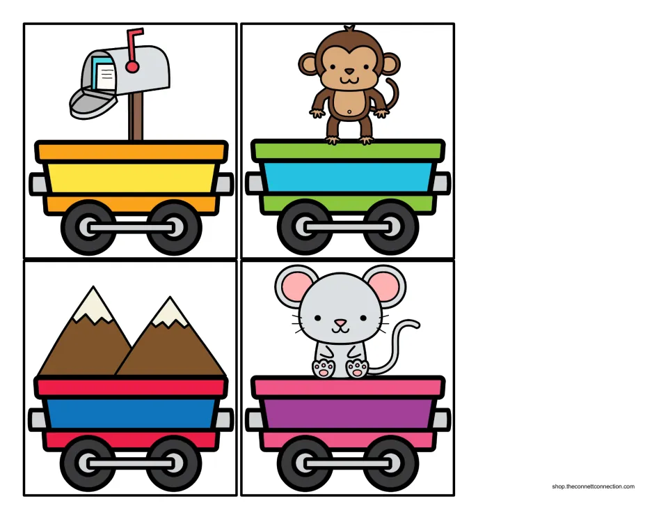 Beginning sound cargo cards: train cars carrying a mailbox, a monkey, mountains and a mouse to place behind the M engine
