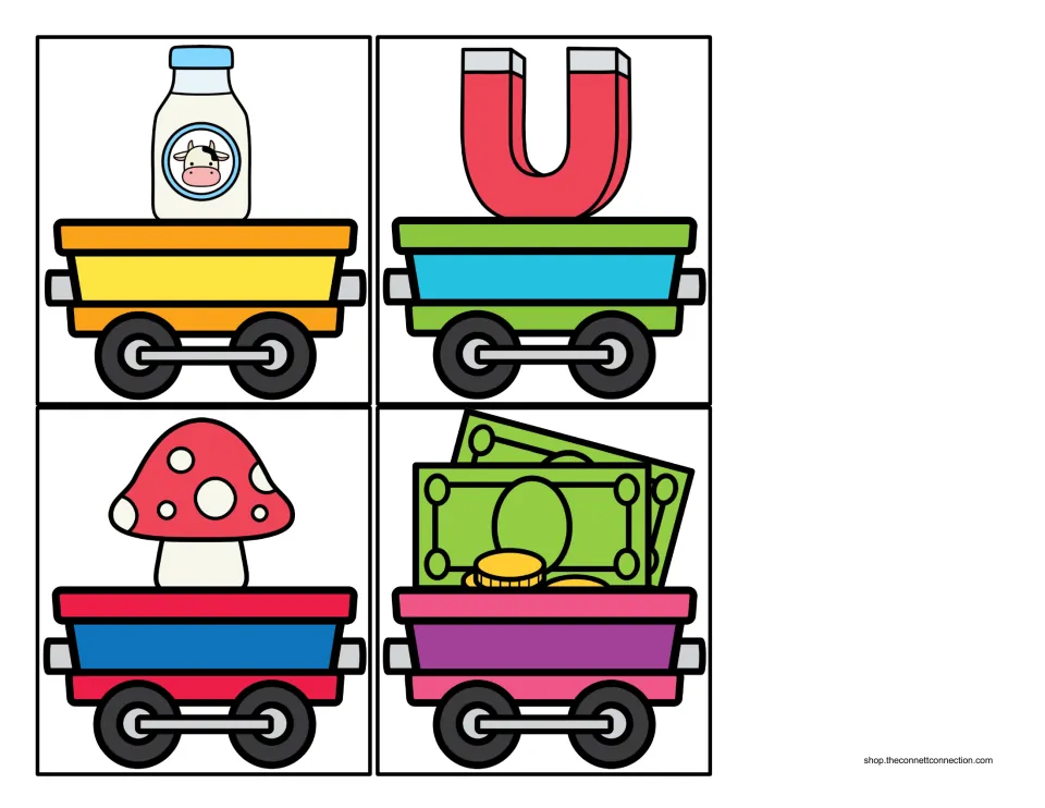 More M cargo cards showing train cars loaded with a milk bottle, a magnet, a mushroom and money for the sound sort