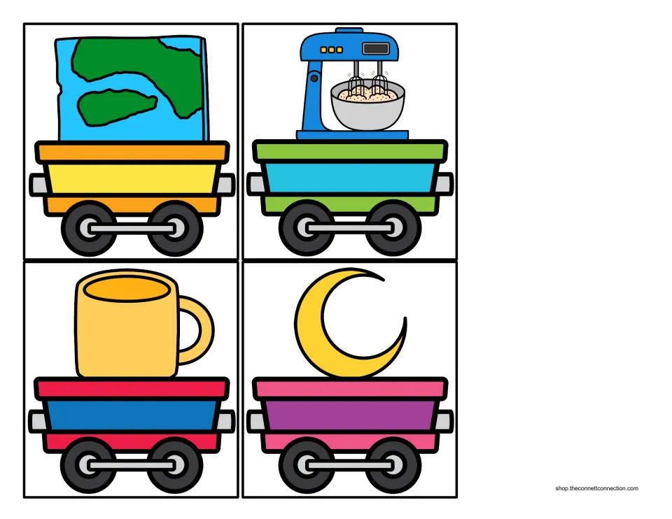 M picture cargo cards with a map, a mixer, a mug and a moon riding in train cars for students to sort by first sound