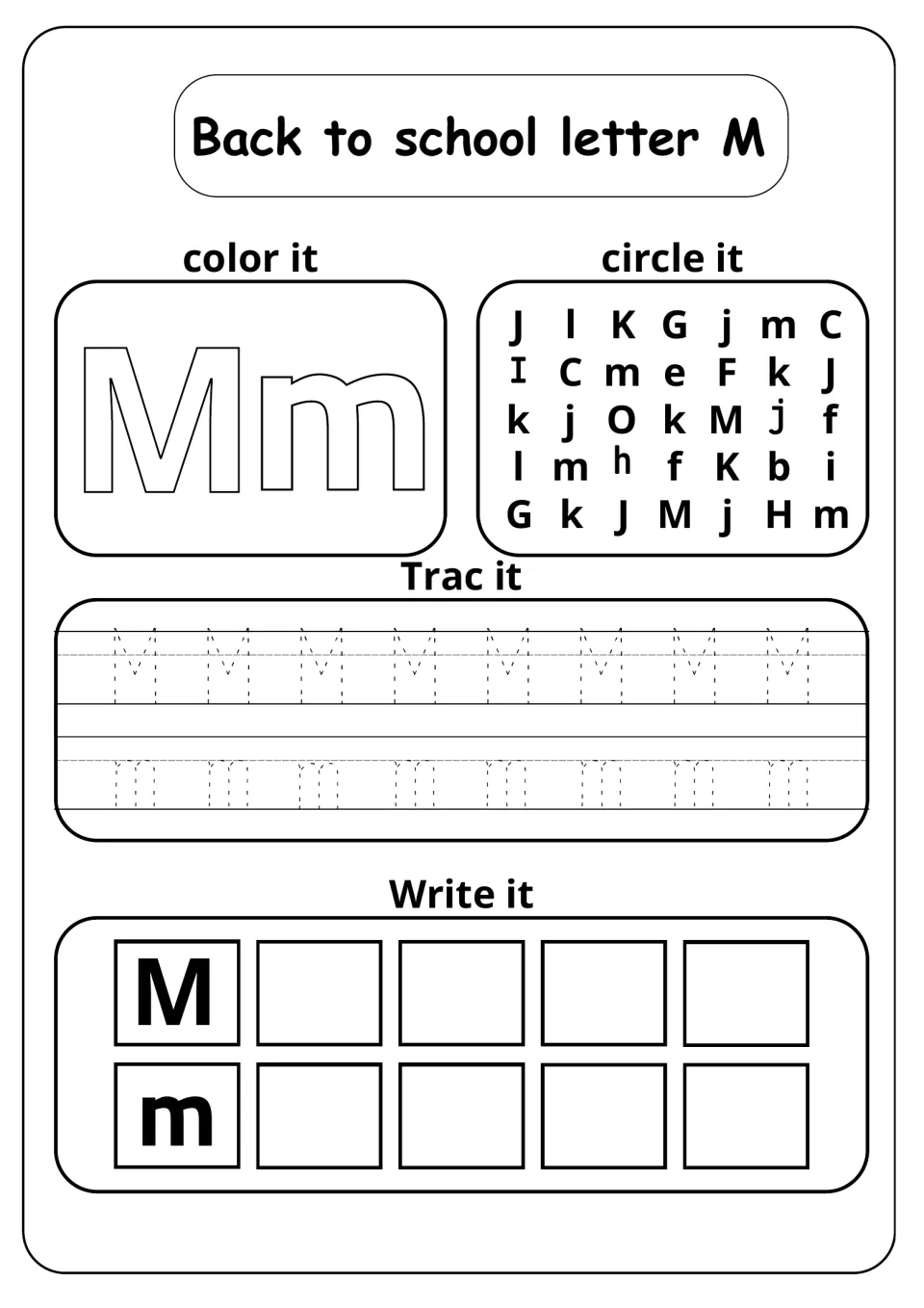 Back to school letter M: students color a bubble Mm, circle M and m in a letter jumble, trace them, then write each