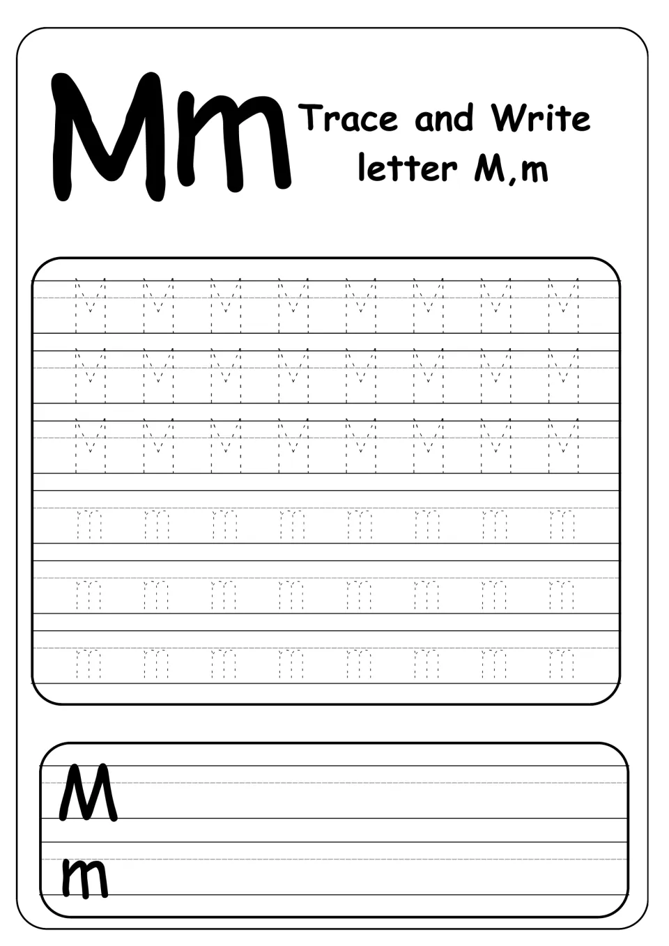 Trace and Write letter M,m: handwriting practice with three rows of dotted capital M and three of lowercase m to trace