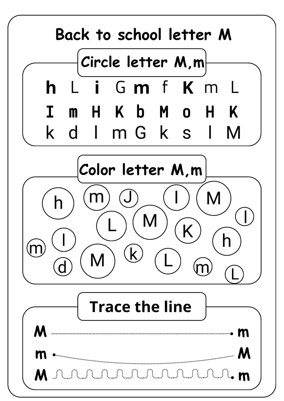 Letter M recognition: students circle M and m among mixed letters, color M and m bubbles, then trace three dotted paths