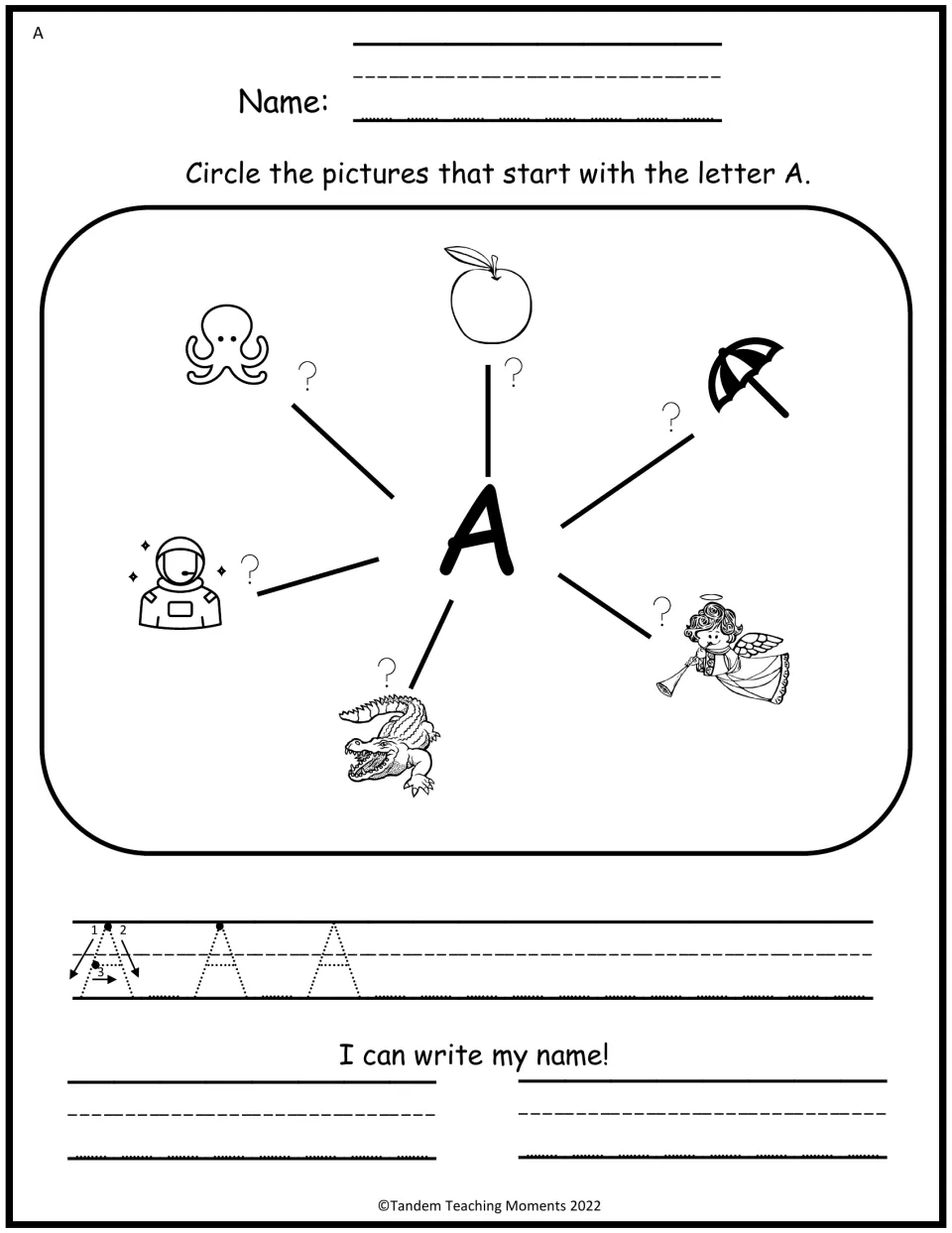Level A letter A mind map: circle pictures starting with A, trace uppercase A, and practice writing a name