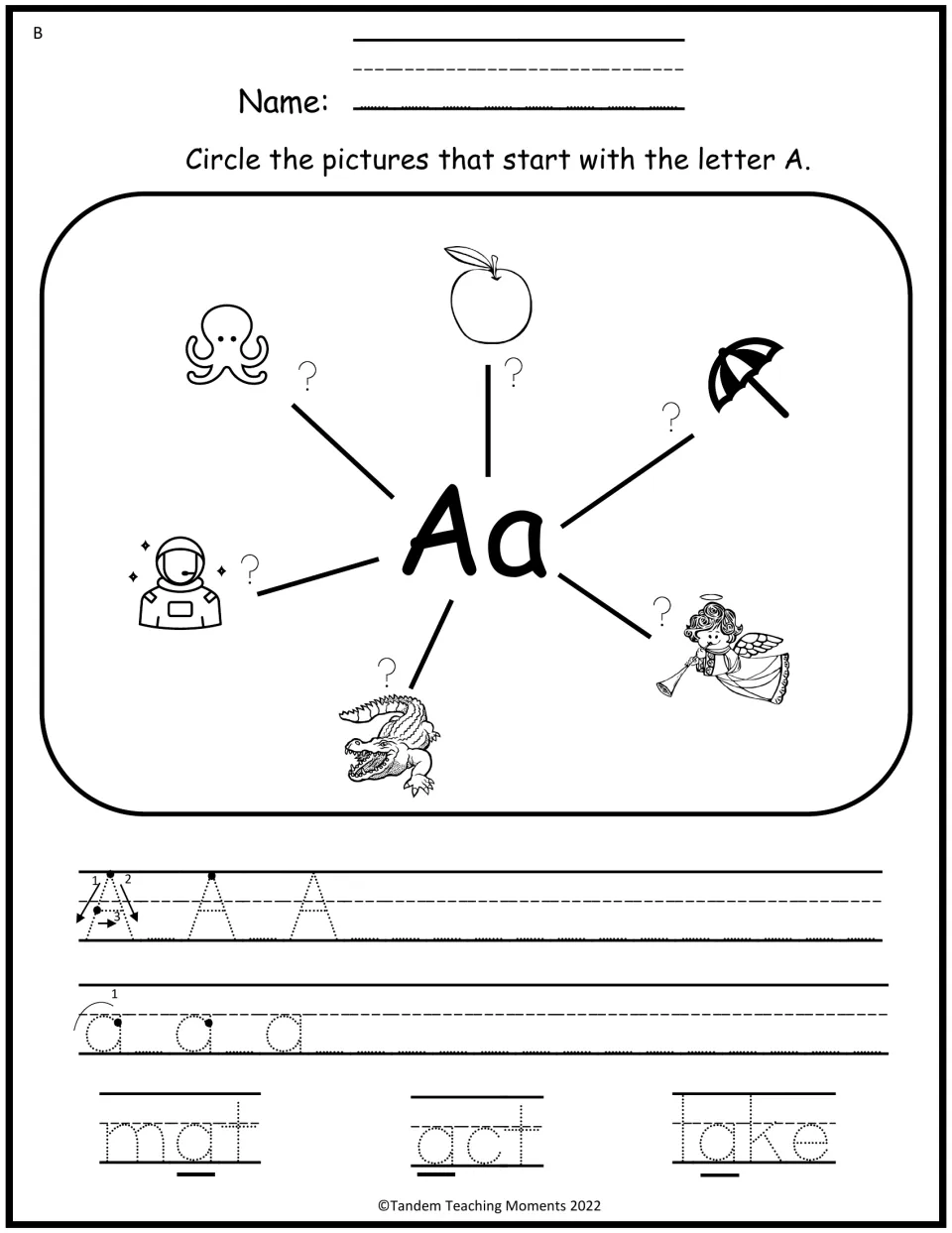 Level B letter A mind map: circle pictures starting with A, trace A and a, and trace mat, act, and lake