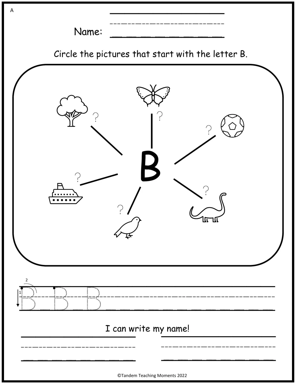 Level A letter B mind map: circle pictures starting with B, trace uppercase B, and practice writing a name