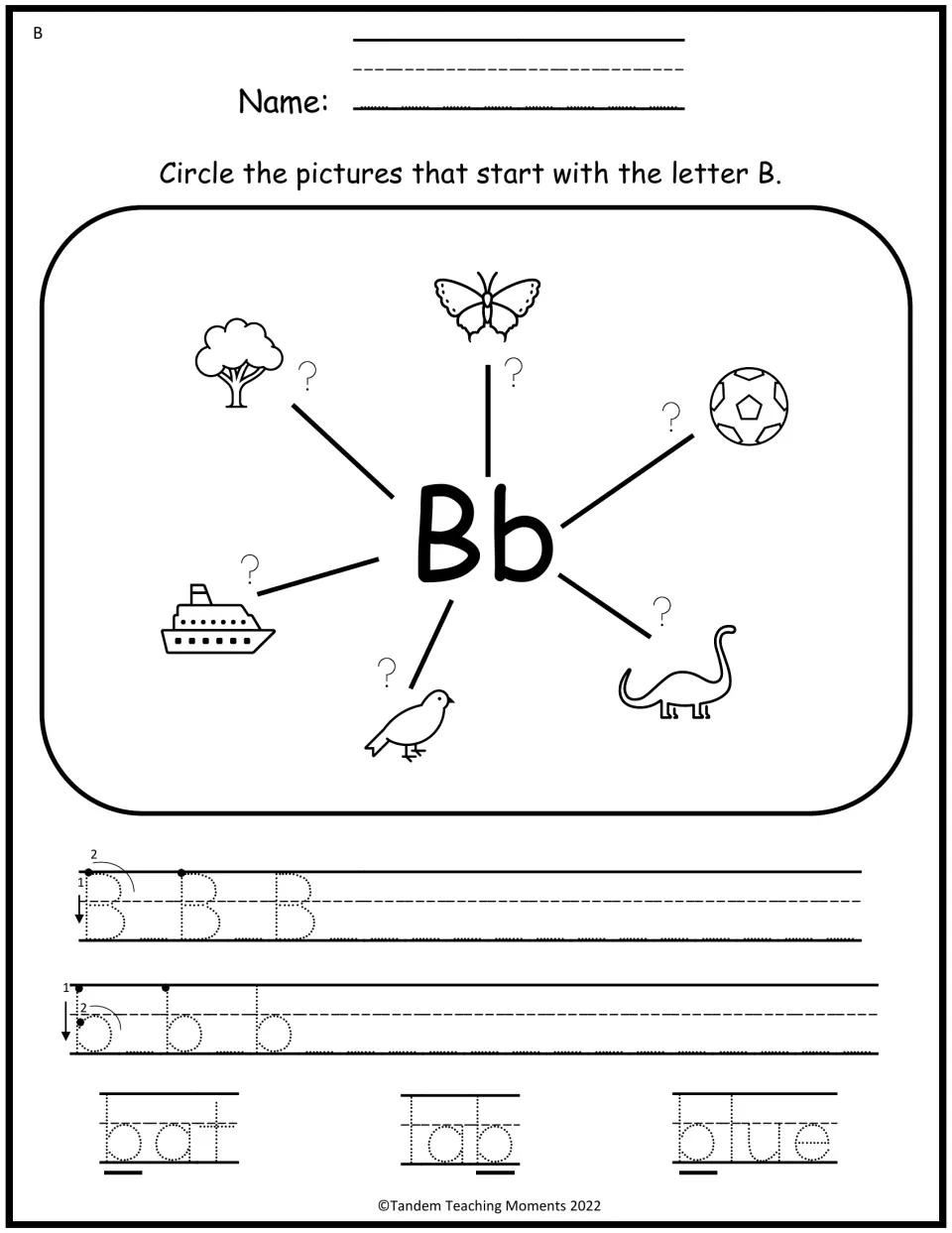 Level B letter B mind map: circle pictures starting with B, trace B and b, and trace bat, tab, and blue