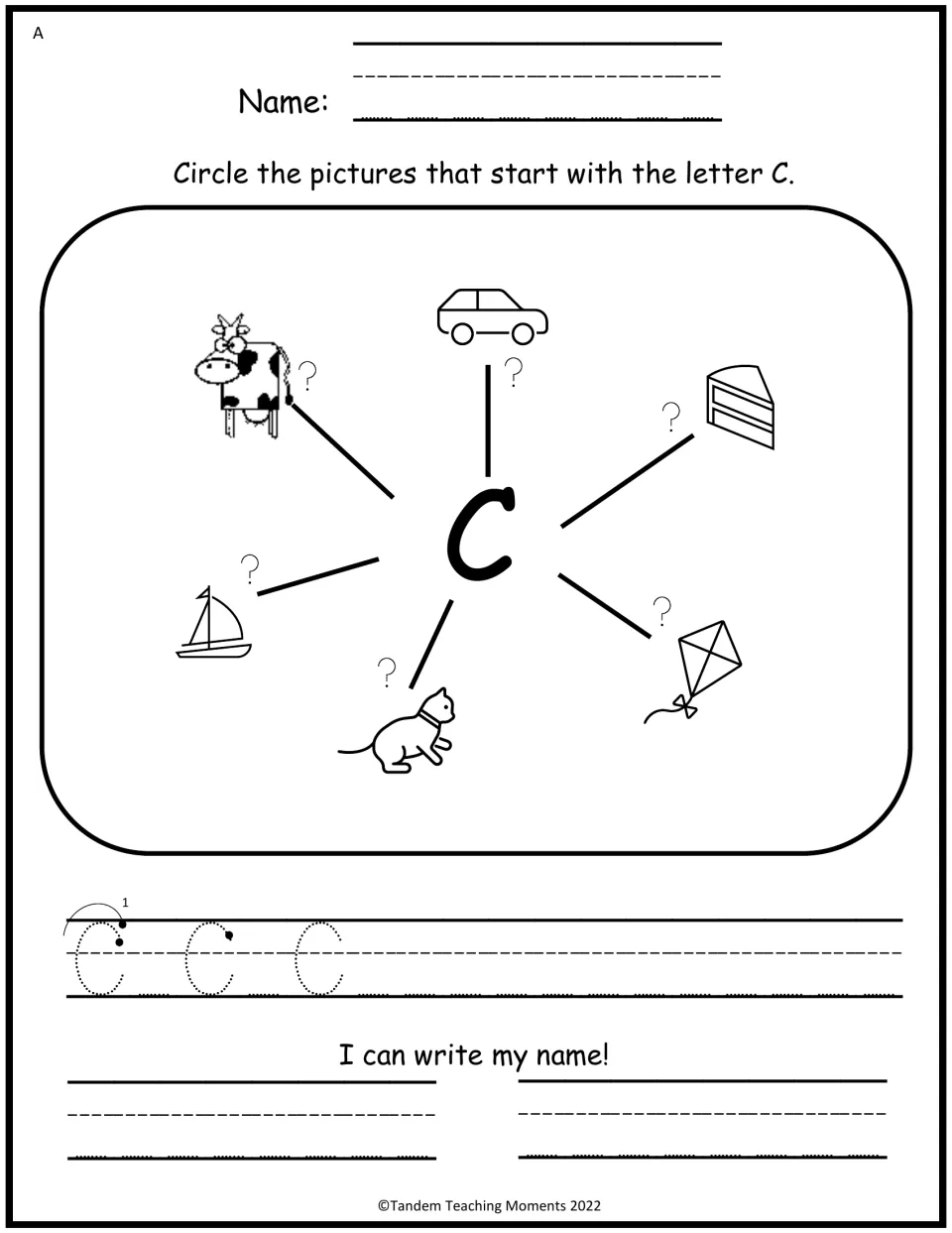 Level A letter C mind map: circle pictures starting with C, trace uppercase C, and practice writing a name
