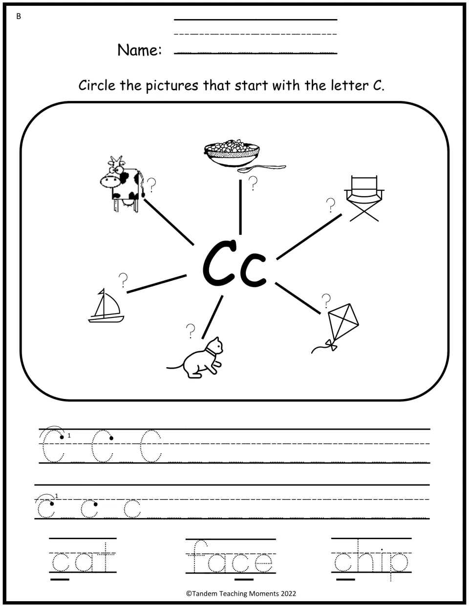 Level B letter C mind map: circle pictures starting with C, trace C and c, and trace cat, face, and chip