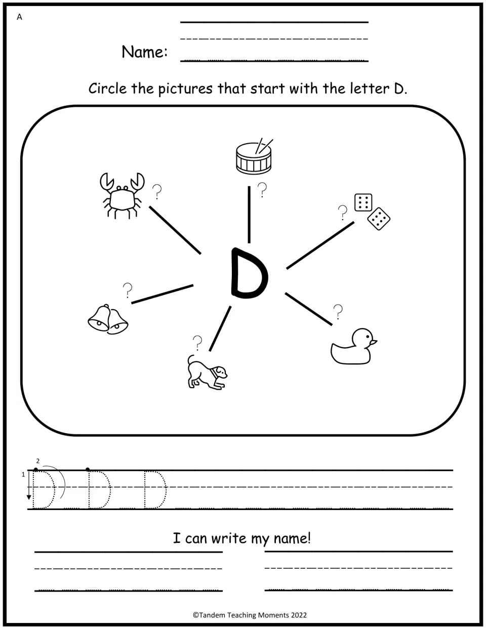 Level A letter D mind map: circle pictures starting with D, trace uppercase D, and practice writing a name