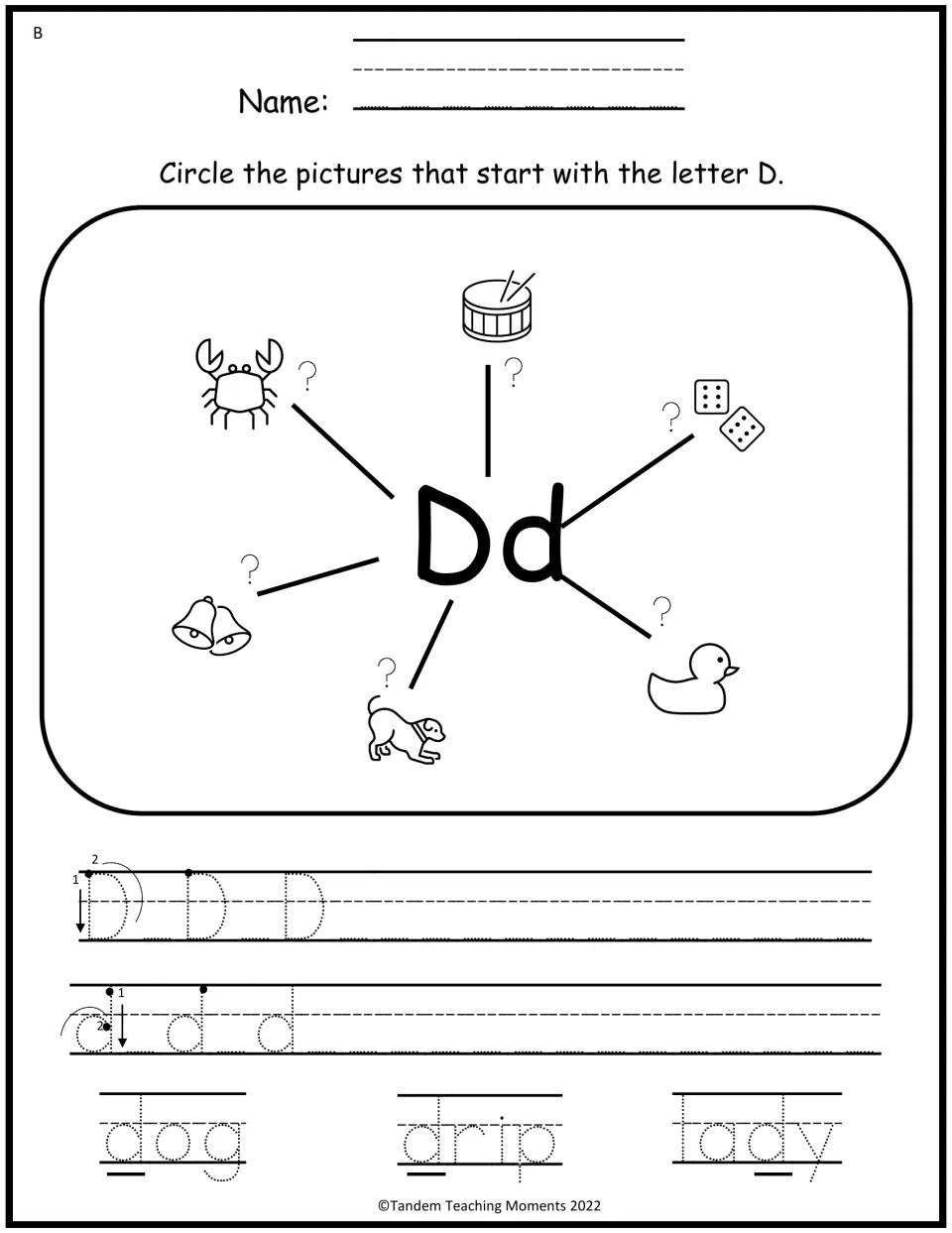 Level B letter D mind map: circle pictures starting with D, trace D and d, and trace dog, drip, and lady