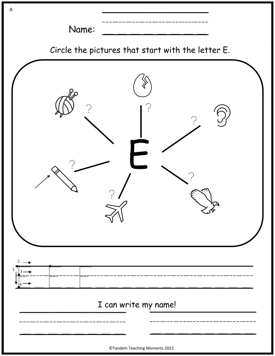 Level A letter E mind map: circle pictures starting with E, trace uppercase E, and practice writing a name