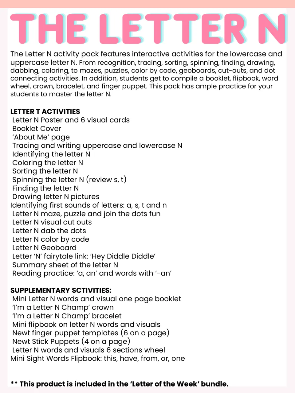 Letter N pack contents list: tracing, mazes, color by code, geoboard, 'Hey Diddle Diddle' link and newt finger puppet