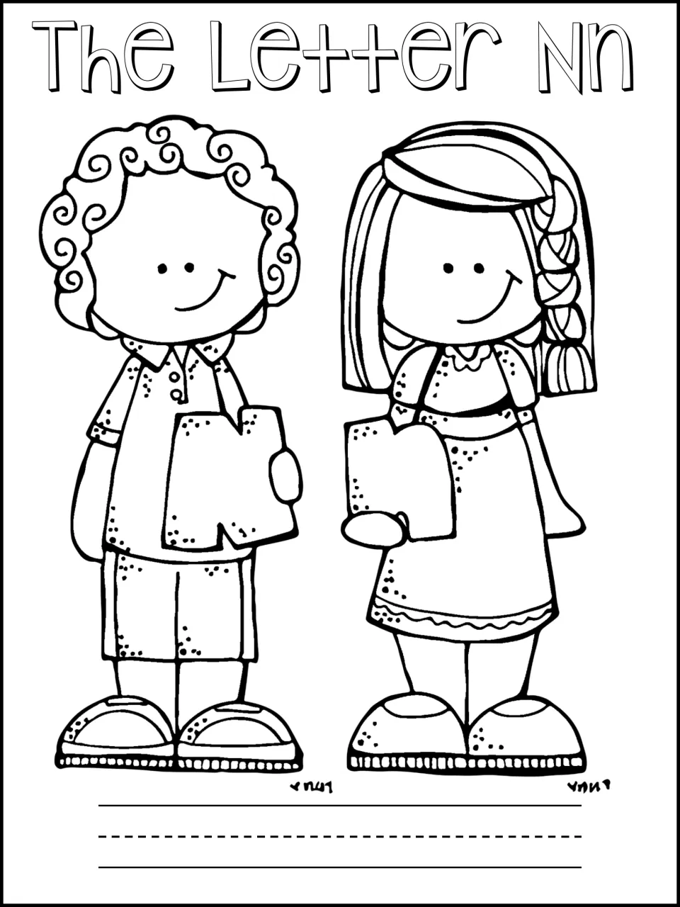 The Letter Nn booklet cover: a boy holding an uppercase N and a girl holding a lowercase n to color, with a name line